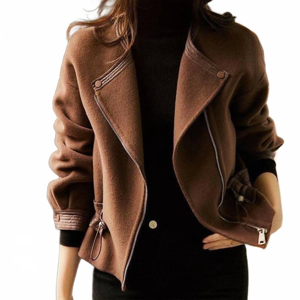 NEW UZWHOLESALE short solid color drawstring waist woolen coat in coffee